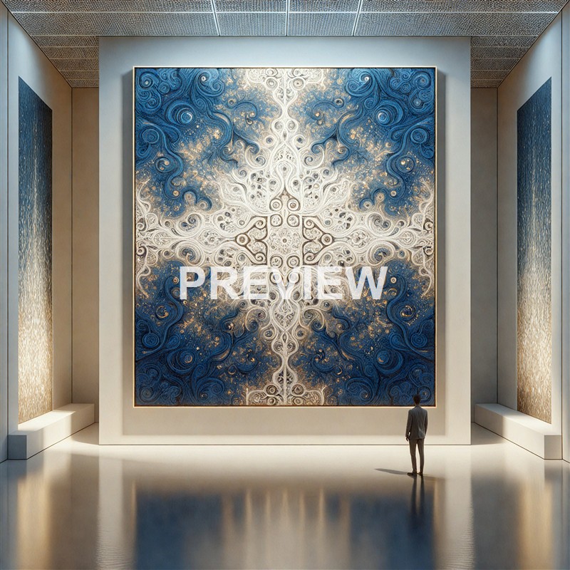 A person standing in front of a large, intricate, symmetrical abstract painting with swirling white and blue patterns on a gallery wall.
